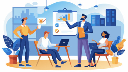 Poster - Team members discussing business strategy in office space