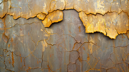 Poster - Cracked and faded zinc wall with years of weathering, showcasing blend of rust and peeling paint, creating textured and aged appearance