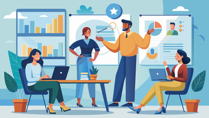 Poster - Team discussion with charts in modern office setting