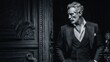 © John - Stylish mature businessman in classic formal suit with vintage interior in black and white representing elegance and power