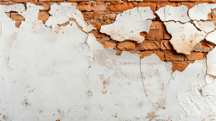 Poster - Crumbling wall section with exposed brick and peeling paint creates rustic and weathered appearance, evoking sense of history and character