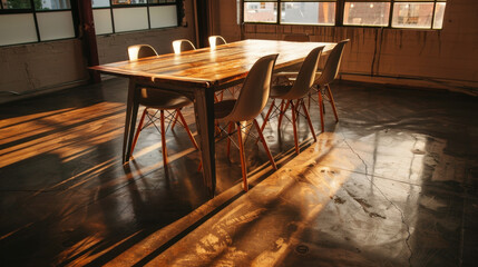 Poster - Dark minimalist table with pale grey chairs is illuminated by warm sunlight, creating cozy atmosphere in industrial space. reflections on polished floor enhance serene ambiance