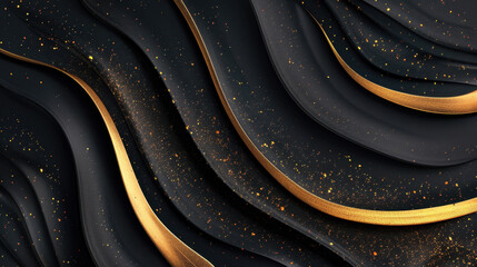 Poster - Elegant black and gold abstract background featuring flowing waves and shimmering particles, creating luxurious and sophisticated atmosphere. Perfect for design projects