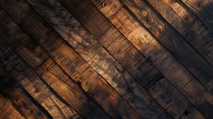 Poster - Diagonal arrangement of dark wooden planks with worn finish, showcasing rich textures and warm tones that evoke rustic and cozy atmosphere