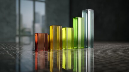 Poster - A D bar chart in metallic shades showing financial trends, with reflections on a glass surface and a dark professional background.