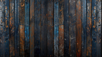 Poster - Distressed barn wall with weathered wooden boards, showcasing blend of dark blues and rust colors, evokes rustic and vintage feel. texture and patterns add character and depth