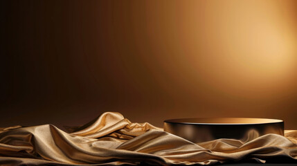 Poster - Elegant podium on silky fabric with warm tone background, creating luxurious atmosphere perfect for showcasing products or awards. soft draping adds depth and sophistication