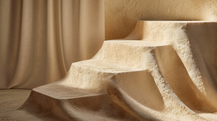 Poster - Textured podium steps with soft cream light create serene atmosphere, highlighting natural beauty of material and design. warm tones evoke sense of calm and elegance