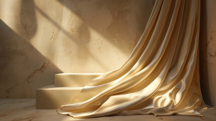 Poster - Soft cream fabric drapes elegantly over textured podium steps, illuminated by gentle light, creating serene and inviting atmosphere. interplay of shadows adds depth to scene