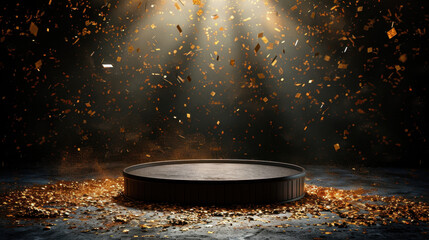 Poster - Spotlight illuminates winner podium surrounded by shower of gold confetti, creating celebratory atmosphere. scene evokes feelings of triumph and achievement