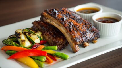 Poster - A beautifully plated dish of pork ribs with a spicy rub, served with a side of grilled vegetables and a tangy dipping sauce, set against a modern dining backdrop.