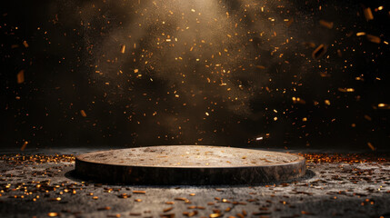Poster - Dramatic podium scene illuminated by spotlight, surrounded by shimmering gold confetti and particles, creating celebratory atmosphere. podium stands ready for winner, evoking excitement