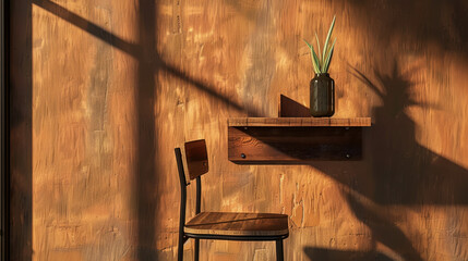 Poster - Minimalist wall mounted desk with single chair and decorative plant creates serene atmosphere in warm toned interior. interplay of light and shadow adds depth and tranquility