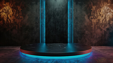 Poster - Futuristic showroom featuring sleek floating glass podium illuminated by vibrant blue lights against textured dark wall, creating dramatic and modern atmosphere