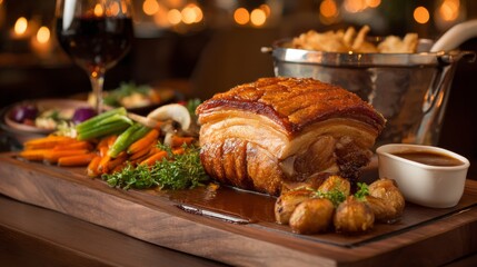 Poster - A beautifully roasted pork belly with crackling skin, served on a wooden platter with a rich sauce and seasonal vegetables for an elegant meal.