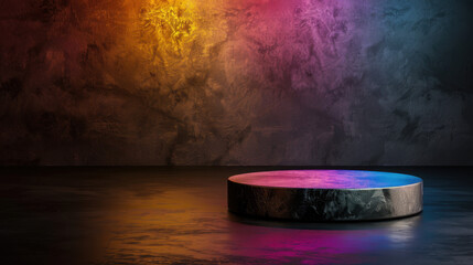 Poster - Futuristic metallic podium is illuminated by vibrant laser light effects, creating striking visual against textured wall. atmosphere is dynamic and captivating, perfect for presentations