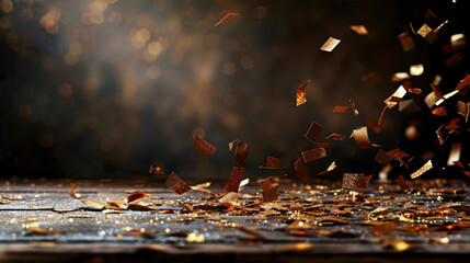 Poster - Golden confetti scattering with blurred background and light effects creates festive atmosphere, perfect for celebrations and special occasions. shimmering pieces add touch of elegance and joy