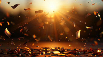 Poster - Golden confetti scattering in air with beautiful blur and light effects, creating festive and joyful atmosphere. warm sunlight enhances shimmering particles, evoking celebration