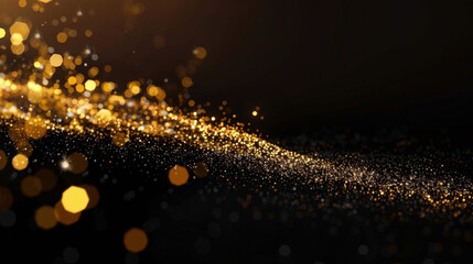 Poster - Golden particles floating in air create mesmerizing effect against dark background, evoking sense of magic and wonder. soft focus enhances beauty of shimmering lights