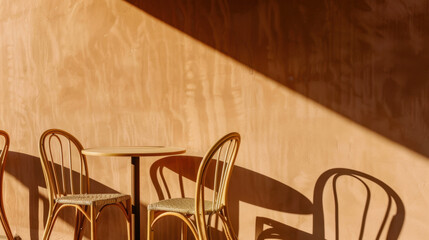 Poster - Cozy cafe scene featuring round wooden table and two elegant chairs, illuminated by warm golden hour sunlight casting soft shadows on textured wall, creating serene atmosphere