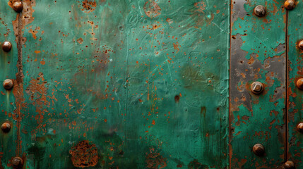 Poster - Textured surface featuring green patina with rust spots and aged metal, showcasing blend of colors and imperfections that evoke sense of history and character