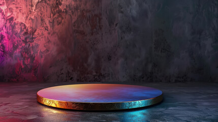 Poster - Vibrant iridescent podium with smooth surface, illuminated by colorful glow and soft blur lighting, set against textured dark wall. This scene evokes sense of modern elegance and creativity