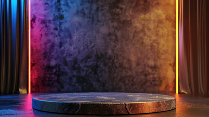 Poster - Vibrant iridescent podium stands in dimly lit space, surrounded by colorful lighting and textured walls, creating captivating atmosphere perfect for presentations or performances