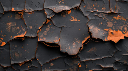 Poster - Peeling paint texture with cracked surface and rust spots, showcasing blend of black and orange hues. This evokes sense of decay and age, perfect for backgrounds or artistic projects