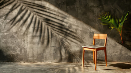 Poster - Light grey chair stands against textured wall, illuminated by soft sunlight casting shadows. green palm leaf adds touch of nature, creating serene atmosphere