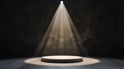 Poster - Minimal white podium is illuminated by soft spotlight in dark, industrial space, creating dramatic and focused atmosphere. This setup is perfect for presentations or artistic displays