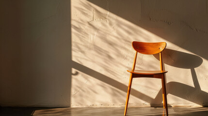 Aufkleber - Minimalist wooden chair is positioned against textured white wall, illuminated by soft sunlight casting shadows on floor, creating serene and inviting atmosphere