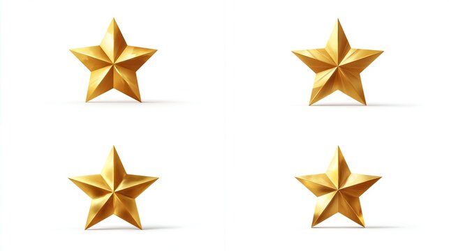 Four rendered golden stars on a bright white background, viewed in slightly different angles