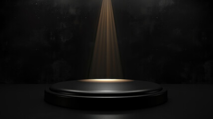 Poster - Sleek monochrome black podium with glossy surface is illuminated by spotlight, creating dramatic effect against dark background. This setup evokes sense of anticipation and elegance