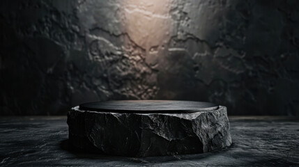 Poster - Monochrome black podium with glossy surface is illuminated by spotlight, creating dramatic effect against textured dark background. This setup is perfect for showcasing products or art