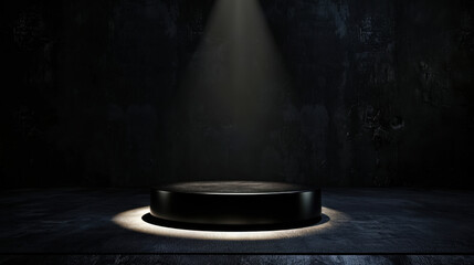 Poster - Monochrome black podium with glossy surface is illuminated by spotlight, creating dramatic effect in dark environment. scene evokes sense of anticipation and focus