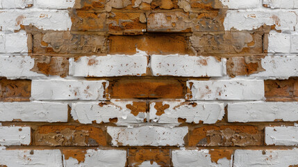 Poster - Old painted bricks with peeling whitewash and grime create textured and weathered appearance, showcasing passage of time and elements on this rustic wall