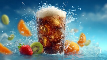 Aufkleber - A chilled glass of soda with a perfect head of foam, surrounded by fresh fruit slices, creating a refreshing summer drink vibe.