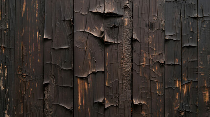 Poster - Old wooden wall with cracked, charred surface and uneven texture, showcasing deep grooves and rustic appearance that evokes sense of history and character