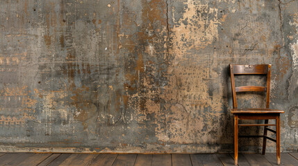 Poster - Wooden chair positioned against textured concrete wall, showcasing rustic and industrial aesthetic. wall features weathered appearance with peeling paint and mix of earthy tones, creating unique