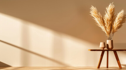 Aufkleber - Serene and open airy space featuring minimalist wooden table adorned with stylish vase filled with pampas grass, casting soft shadows on warm wall