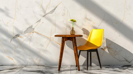Aufkleber - Bright and inviting space featuring minimalist wooden table paired with vibrant yellow chair, complemented by simple vase of flowers against stylish marble wall