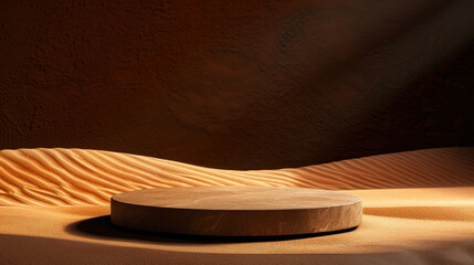 Poster - Circular podium made of organic material sits on sandy desert landscape, illuminated by soft lighting that highlights textures of sand and podium. warm tones create serene and inviting atmosphere