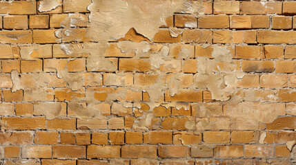 Poster - Weathered brick wall with patches of peeling mortar and exposed bricks, showcasing rustic and aged appearance. texture and color variations evoke sense of history and character