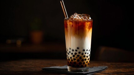 Poster - A close-up of a beautifully layered bubble tea drink, showcasing the contrasting colors of the milk tea and the dark tapioca pearls at the bottom of the glass.