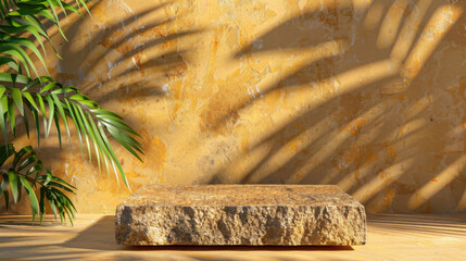 Poster - Natural stone podium rests on wooden surface, surrounded by warm, earthy backdrop with soft shadows from palm leaves. scene evokes serene and inviting atmosphere