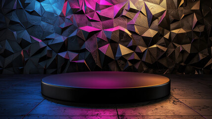 Poster - Modern polygonal podium design featuring vibrant tech style gradients against textured wall. interplay of light and shadow creates dynamic atmosphere, perfect for showcasing products