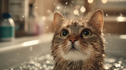 Poster - A close-up of a cat sitting in a shallow bath with gentle water splashing around, showing its curious expression and wet fur in a cozy bathroom setting.