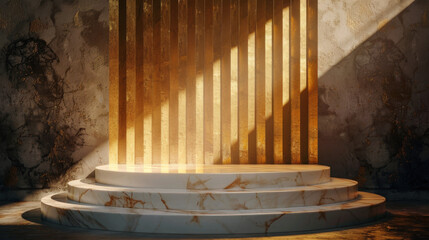 Poster - Luxurious round marble podium with elegant lighting and golden accents, creating warm and inviting atmosphere. interplay of light and shadow enhances beauty of marble surface