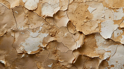 Poster - Rough stucco wall with peeling paint, showcasing mix of white and brown patches, creating textured and weathered appearance. cracks and layers evoke sense of age and character