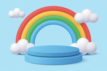 Poster - Background podium baby cute product 3d cloud kid children display banner room toy design blue. Podium scene boy background rainbow baby stand studio presentation shower template sale stage poster sky